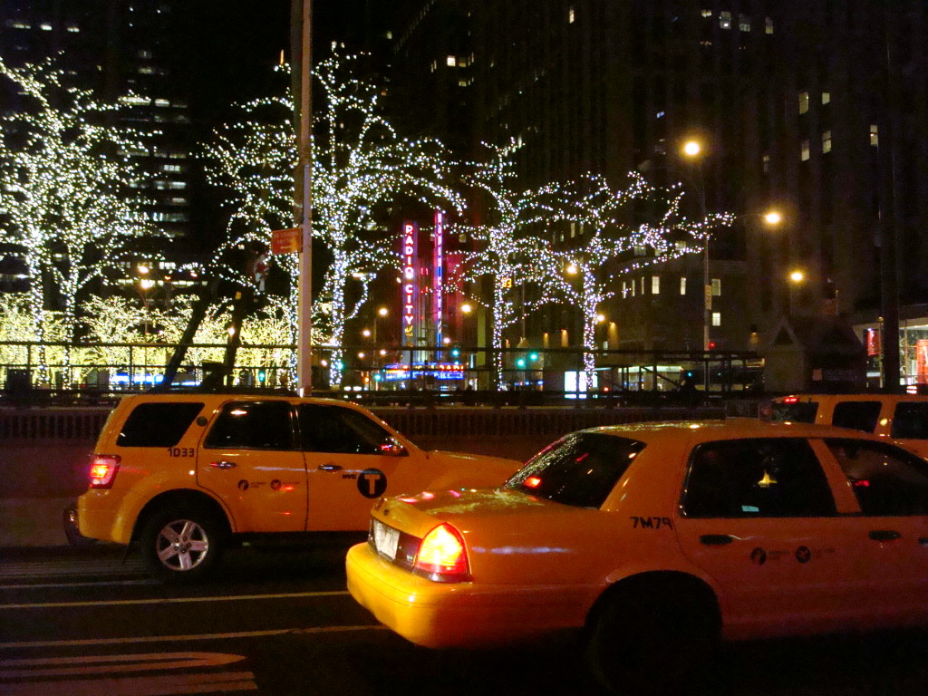 NYC yellow cabs at night