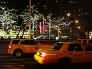 NYC yellow cabs at night