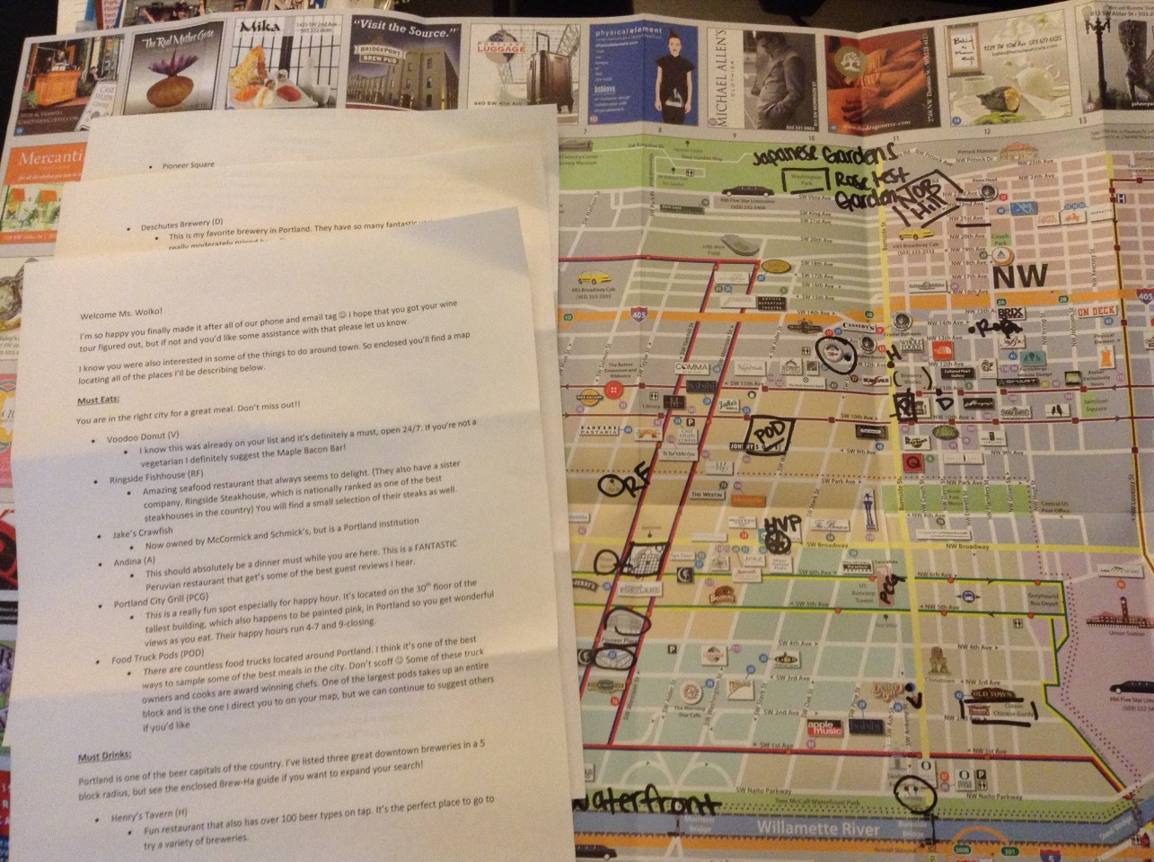 Portland suggestions and map from concierge at Vintage Plaza Portland