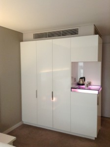 The Wardrobe, Minibar and Coffee Maker in room at the Morrison Hotel, Dublin