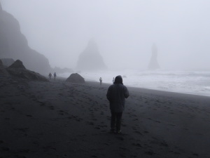Sea Stacks Fog Black Sand Beach South Coast of Iceland Reynisfjara