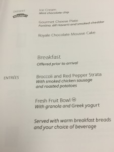 Philadelphia to Manchester UK business class menu