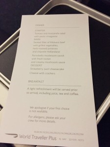 PHL-LHR DInner Menu World Traveller Plus BA