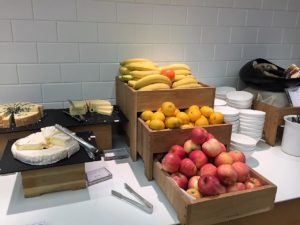 BA LHR First Class Lounge fruit cheese