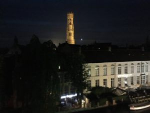Night view of Bruges Canal and Belfry from Hotel De Tuilerieen
