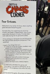 A list of rules for attendees seated in Gritty's Chaos Corner at the flyers game