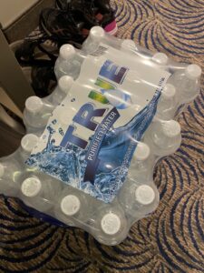 A case of True purified bottled water on Royal Caribbean ship