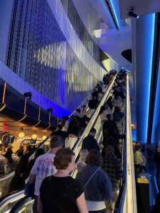 Double escalators from the lobby up to the second level