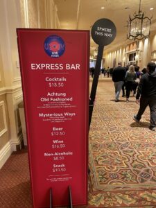 Venetian Express Bar menu with pricing in the hallway on the walk to the Sphere
