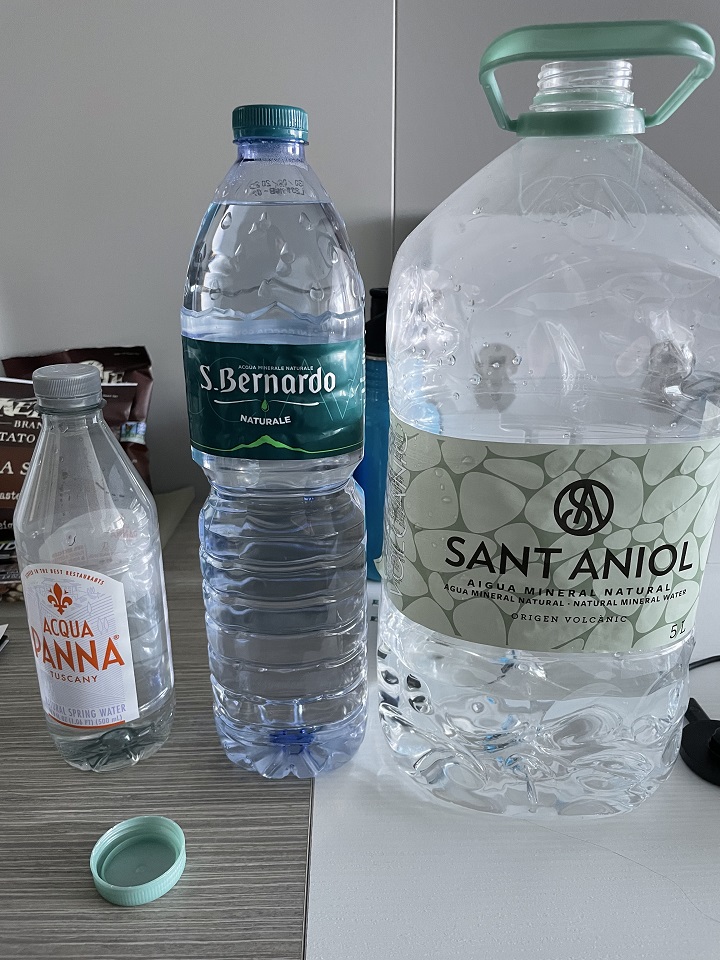 three bottles of water different sizes small to large on Celebrity Cruise line in Europe