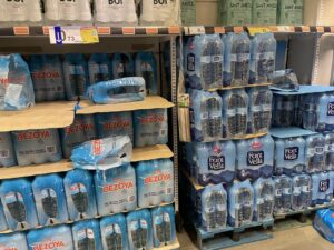Europe supermarket pallets of bottled water