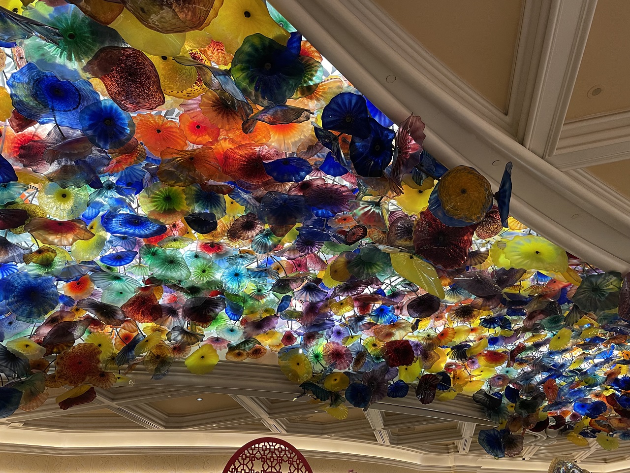 Iconic multi colored Chihuly glass sculpture on the ceiling at the Bellagio Hotel Las Vegas