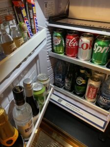 Bellagio Hotel minibar with coke products, snickers, beer and wine