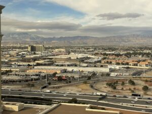 View from Bellagio Hotel of mountains in the distance with highways and low buildings nearby