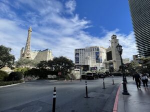 Las Vegas View from Bellagio of Paris Las Vegas and Planet Hollywood