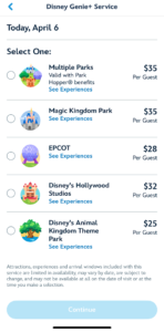 List of Genie Plus pricing for April 6 at Disney World