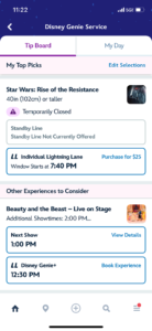 Disney Ride Tip Board with Individual Lightning Lane Pricing and Show Times