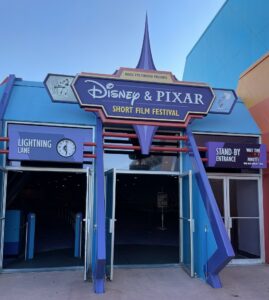 Disney Pixar Entrance showing Standby line and Lightning Lane line