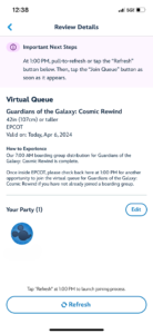 Epcot Guardians of the Galaxy Virtual Queue description in app