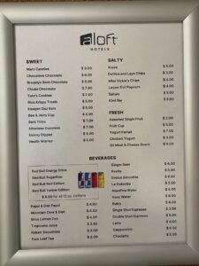 Price list for Aloft Chelsea lobby snack bar in NYC