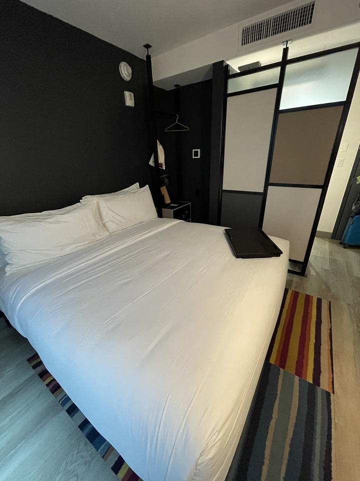 Aloft Chelsea NYC Bedroom with partition between bathroom. multicolored striped rug, wood floors and black, white, grey color scheme