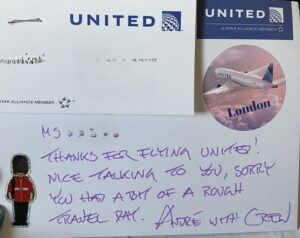 handwritten note by United International Purser on Polaris flight EWR to LHR