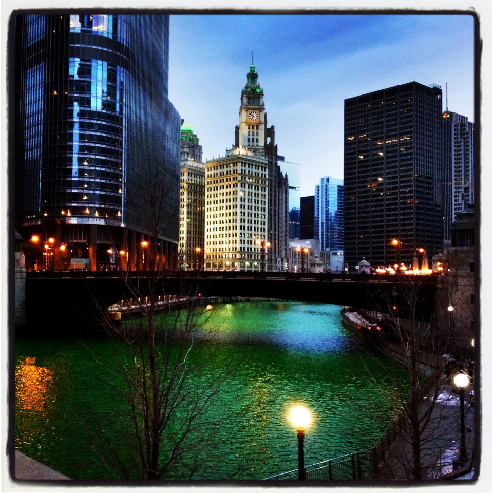 Green Chicago River at night