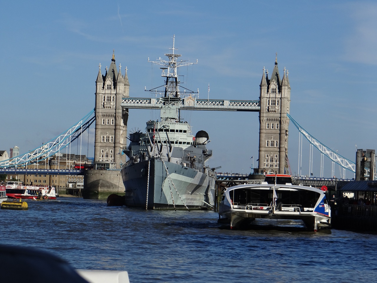 London Tower Bride and HMS Belfast on Thames
